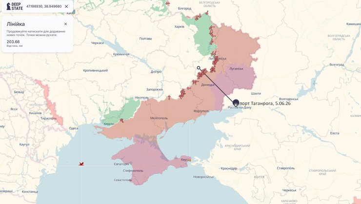 карта з відстанню, яку пролетіли дрони до Таганрога, 5 червня