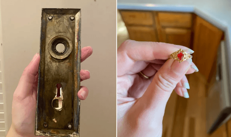 Старая дверная накладка из дома 1913 года, в которой во время ремонта было обнаружено спрятанное кольцо