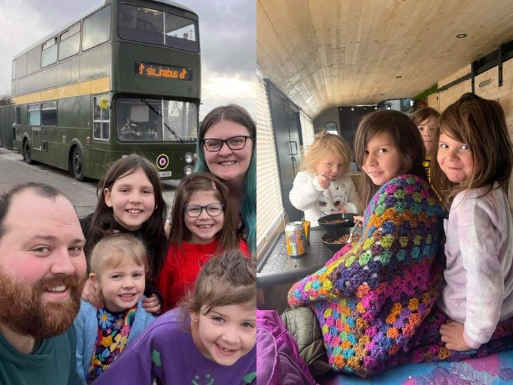 Семья, дети, дом на колесах, дом, жилье, дом в автобусе, двухэтажный автобус, дом для отдыха, телевизор, удобства