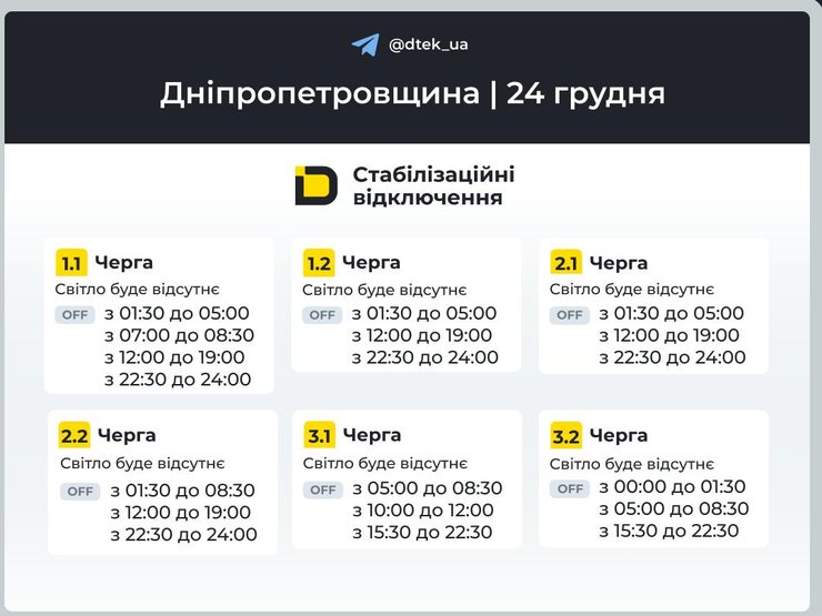 Графики отключений света в Днепропетровской области на 24 декабря