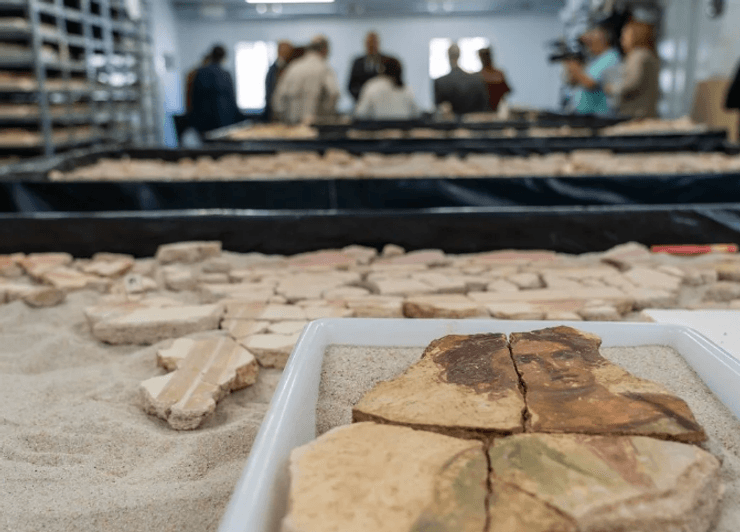 исследователь, исследования, раскопки, испания, римская империя, археология, археолог, археологические исследования, сад, фрагмент росписи, роспись, римский театр, картахена, древний город,