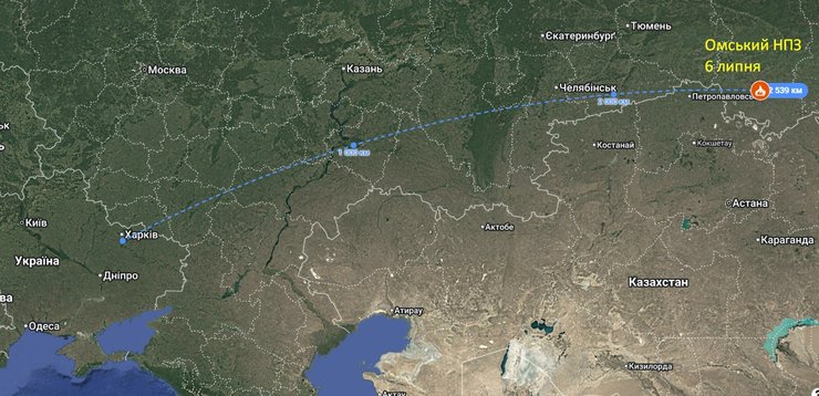 карта с указанием расстояния до Омского НПЗ 6 июля