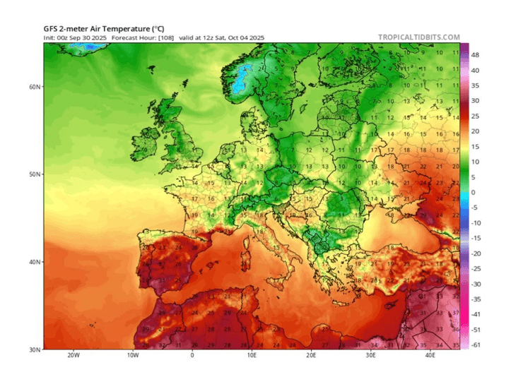 Прогноз дневной температуры воздуха в Европе на 4 октября