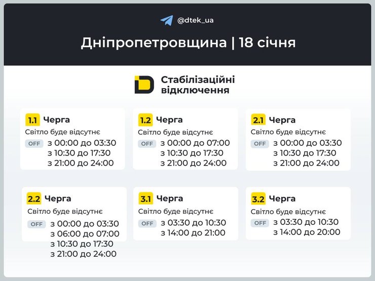 Графики отключений для Днепропетровщины на 18 января