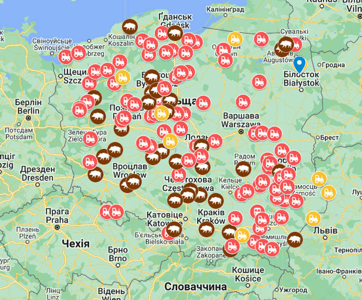 Карта запланированных протестов польских фермеров