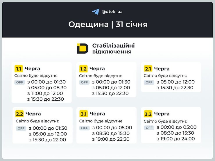 Графіки відключень світла на 31 січня для 1–3 черг в Одеській області Графіки відключень світла на 31 січня для 1–3 черг в Одеській області