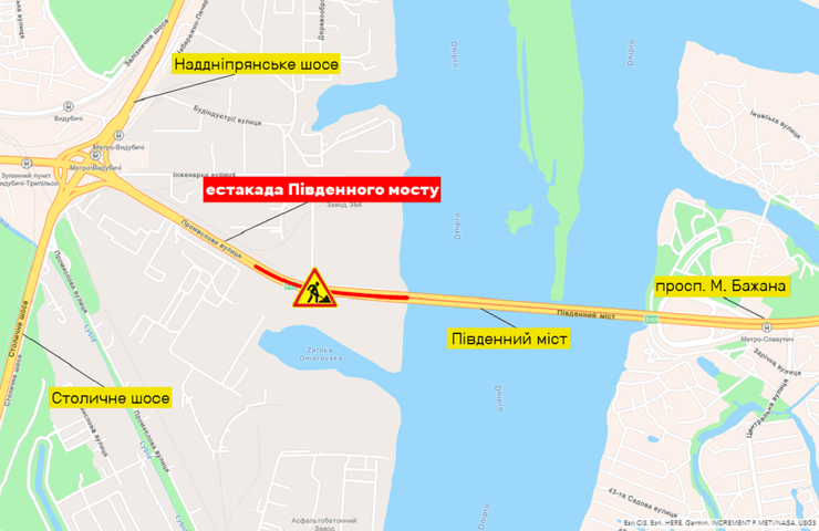карта Киева, перекрытие Южного моста, указание ремонтных работ на карте Киева