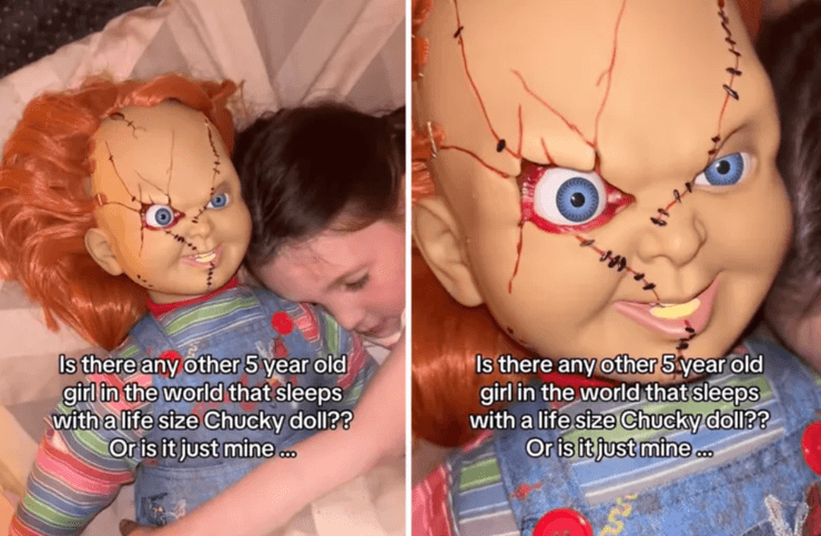 Кукла Чаки, ребенок спит с Чаки, необычные увлечения детей, дети и фильмы ужасов, видео, необычные игрушки для сна