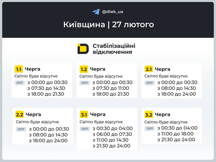 график отключения света для 1-3 очередей в Киевской области на 12 февраля