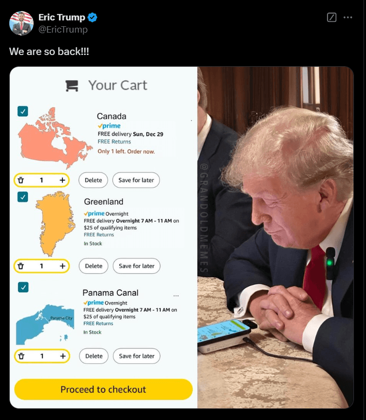 Дональд Трамп, мем о Трампе, покупает Гренландию, Эрик Трамп, сын Дональда Трампа