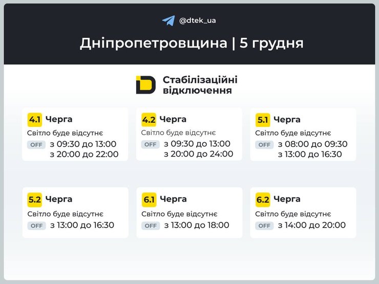 Графики отключений света 5 декабря — Днепропетровская область Когда будут выключать свет в Днепропетровской области 5 декабря