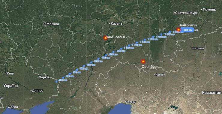 карта с точками в РФ, в которых заметили БпЛА 12 мая