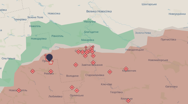 Росіяни атакують позиції ЗСУ біля Приютного і Старомайорського. Карта DeepState