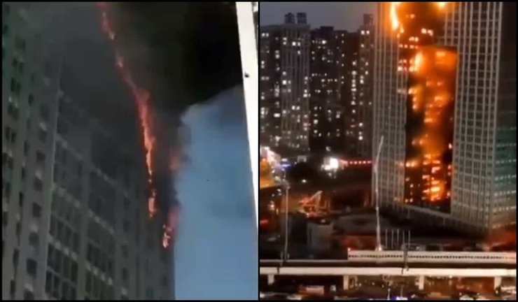 пожар, небоскреб, китай, далянь