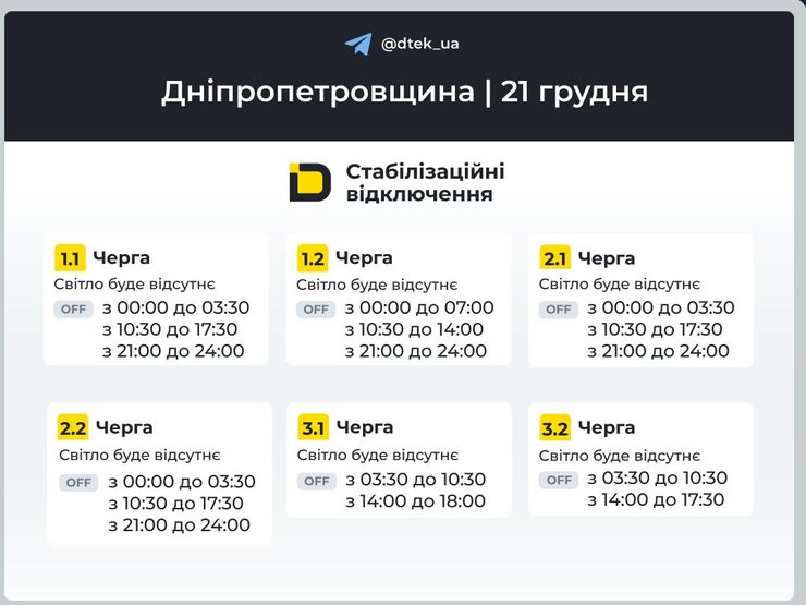 Графіки відключень світла на 21 грудня для 1-3 черг у Дніпропетровській області