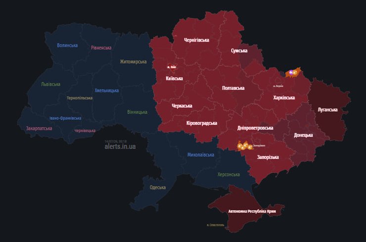 карта повітряних тривог станом на 00:20 годину