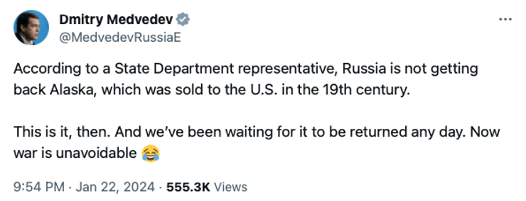 Скриншот поста Дмитра Медведєва про Аляску