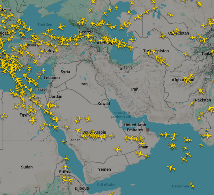 карта польотів 28 лютого 2026 іран