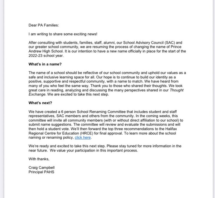 школа имени принца Эндрю, письмо