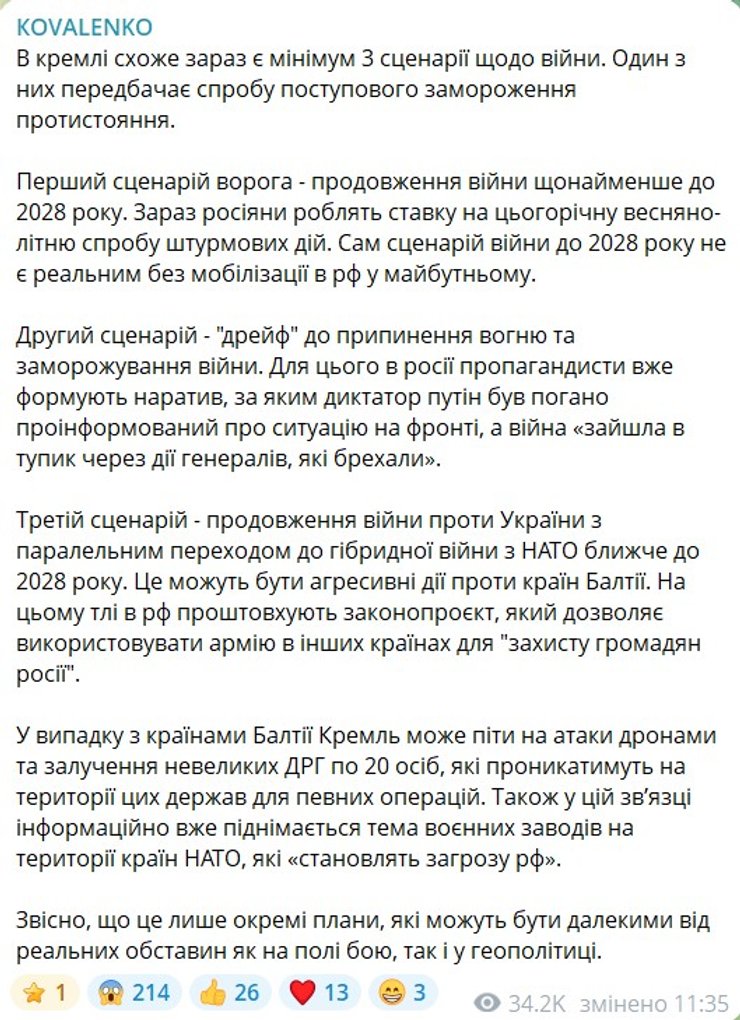 Скриншот сообщения Коваленко о возможных дальнейших действиях Кремля