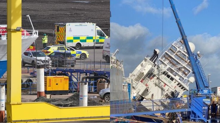 Спасатели, корабль, сухой док, скорая, кран, порт, море