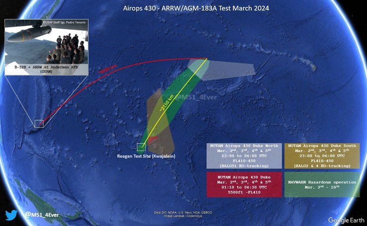 Предупреждения для авиации и кораблей в Тихом океане, вероятно, здесь будут тестировать ARRW