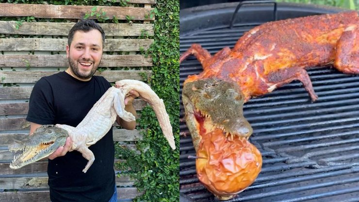Повар приготовил крокодила, повар, шеф-повар, крокодил, мясо, мясо крокодила, мангал, тако, барбекю