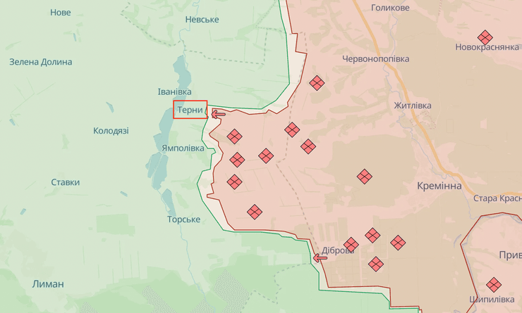 Терни, село Терни, Лимано-Куп’янський напрям, Лиманський напрям, карта Донецької області, Терни Донецька область, мапа війни в Україні, карта війни
