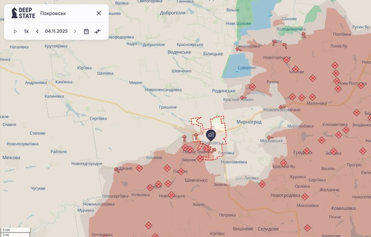 Карта лінії фронту Покровськ-Мирноград 4-5 листопада