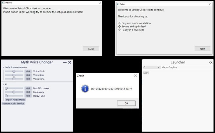 Підроблені вікна, що відображаються завантажувачем Myth Stealer