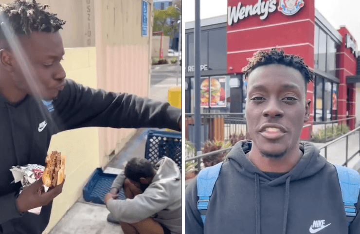 Блогер, еда, розыгрыш, пранк, бездомный, улица, бургер, ютубер