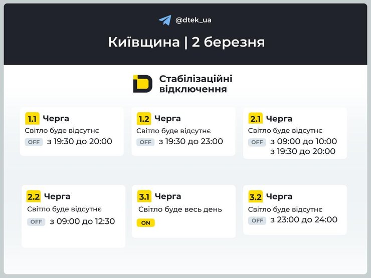 Киевская область ДТЭК графики 2 марта Киевщина ДТЭК графики 2 марта