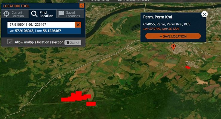 скриншот данных FIRMS NASA о пожаре на ЛПДС Пермь 30 апреля