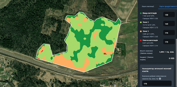 Червоні та жовті плями вказують на аномальне падіння вегетації в певних частинах поля і дозволяють швидко їх знайти на місці. Зображення: скріншот EOSDA Crop Monitoring