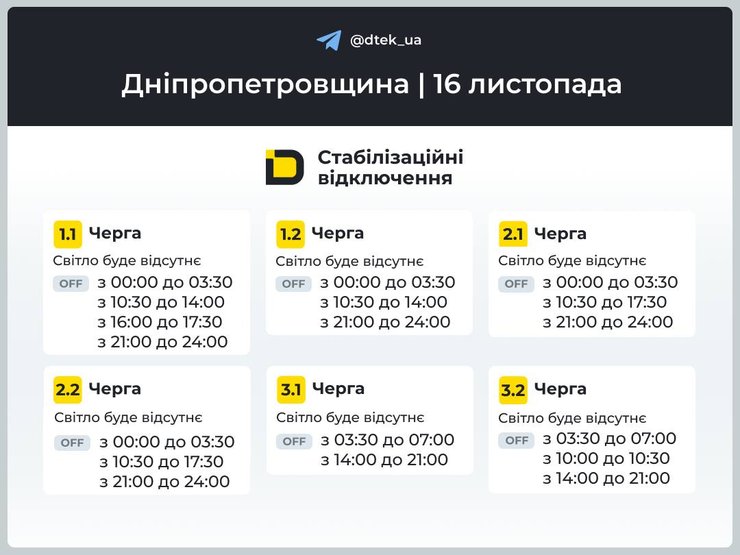 Графіки відключень світла на 16 листопада у Дніпропетровській області