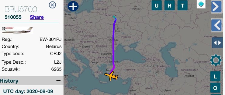 Маршрут движения самолета семьи Лукашенко