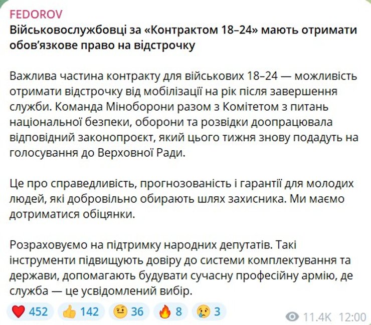 Скриншот допису Федорова про відстрочку "Контракт 18-24" по проєкту №13574