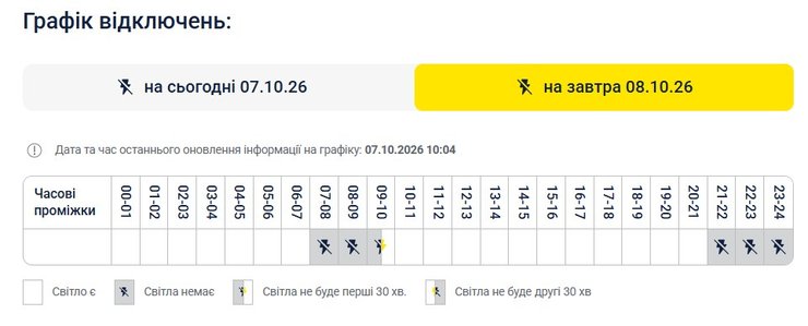 скриншот данных ДТЭК об отключении света в Киеве 8 октября