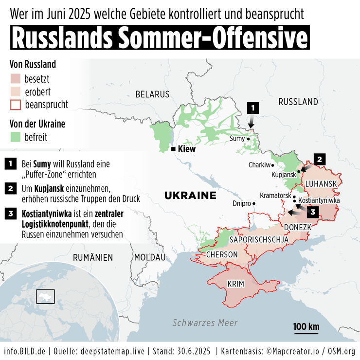 Bild опубликовал карту с направлениями наступления РФ в июле 2025 года