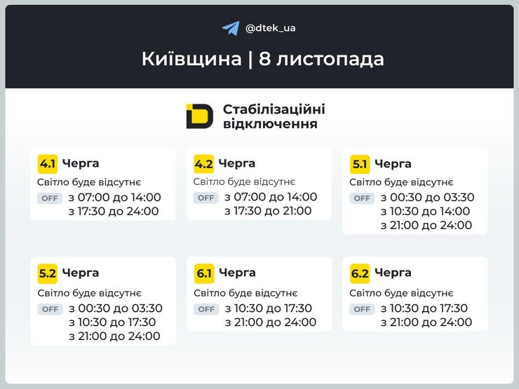 Графіки відключень на Київщині на 8 листопада