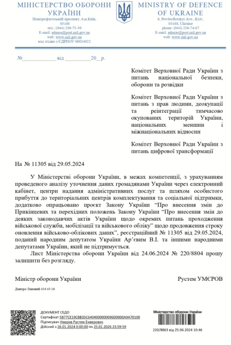 Лист Міноборони до Верховної ради від 25 червня 2024