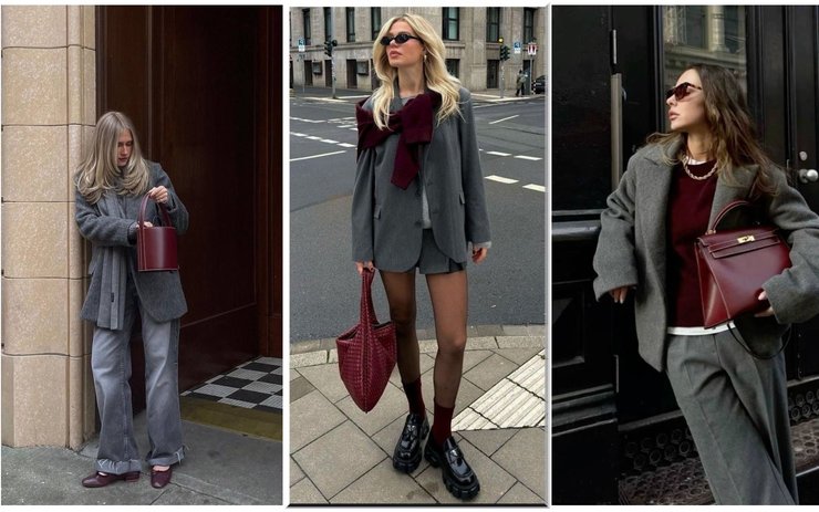 Цветовые комбинации в одежде на осень, Сочетание цветов — Серый и бургунди — Серый и бургунди