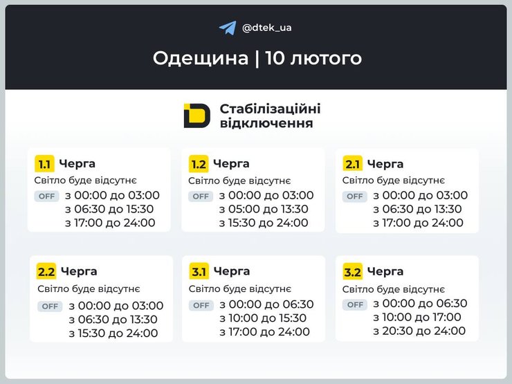 одещина графіки відключень 10 лютого