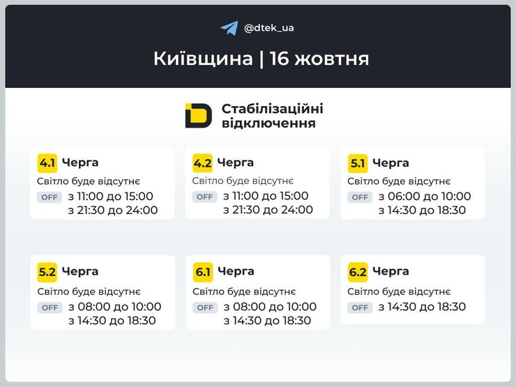 Відключення світла у Київській області 16 жовтня