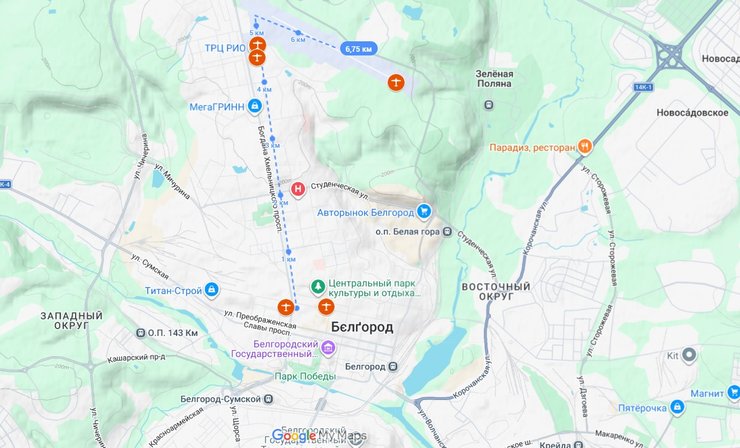 карта з траєкторією українського FPV над Бєлгородом восени 2026 року