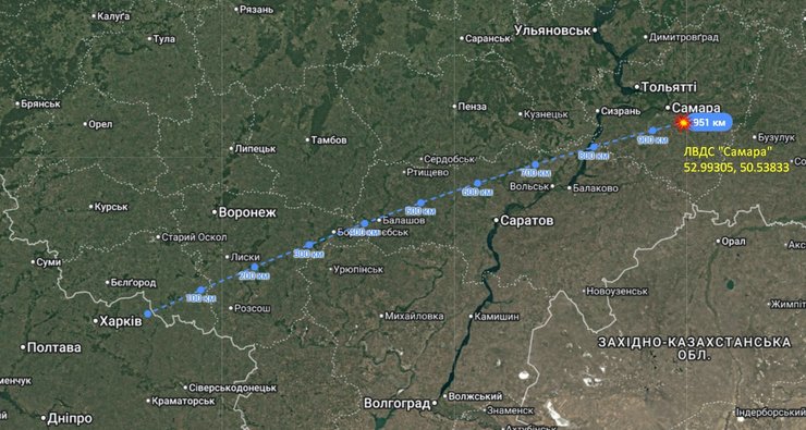 карта з відстанню від України до ЛВПС Самара