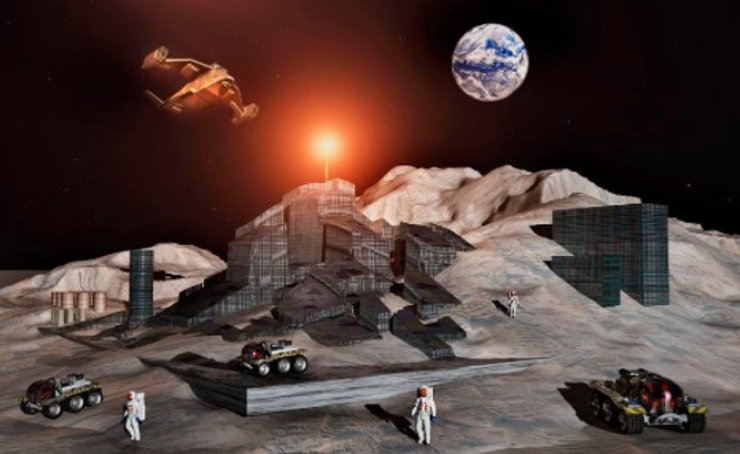 Горнодобывающая колония на Луне. Иллюстрация.