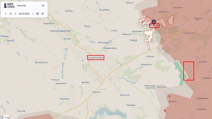 DeepState показало карту боев возле Часового Яра 30 июля