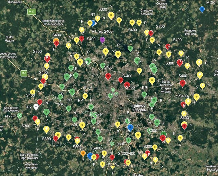 Карта на разполагането на противовъздушна отбрана около Москва