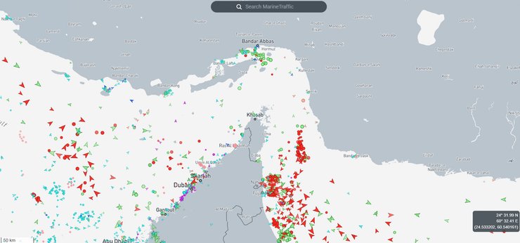 Скриншот даних про трафік через Ормузьку протоку 3 березня, Marinetraffic